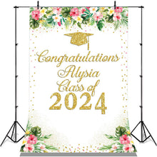 Load image into Gallery viewer, Lofaris Pink Floral And Leaves Gold Glitter Class Of 2022 Backdrop