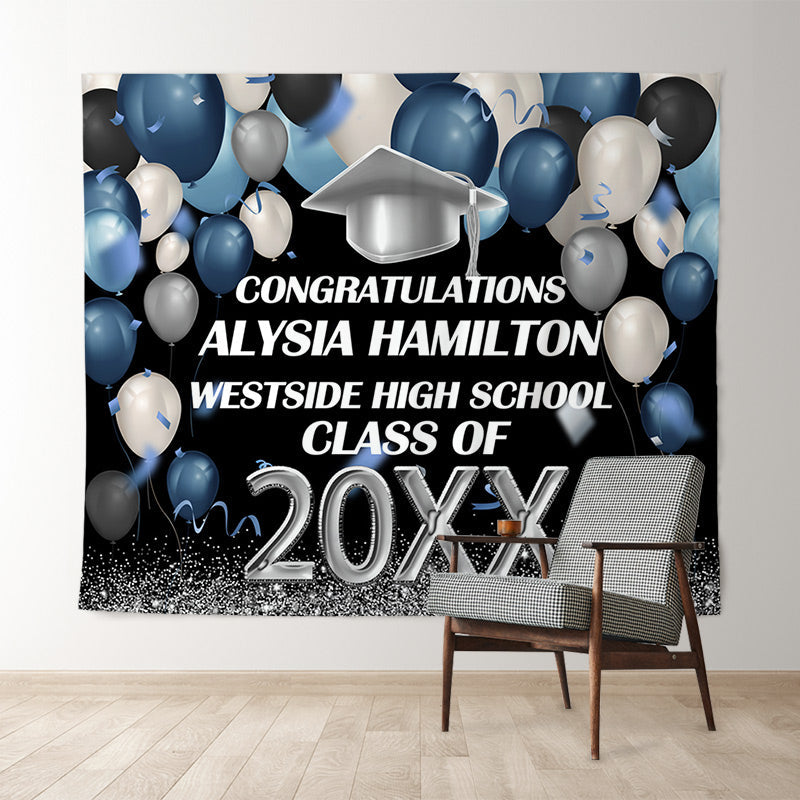 Lofaris Blue And Silver Ballons Glitter Class Of 2022 Backdrop