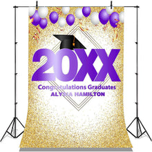 Load image into Gallery viewer, Lofaris Gold Glitter And Purple Ballons Congratulatios Backdrop
