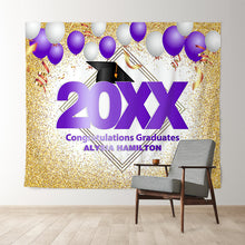 Load image into Gallery viewer, Lofaris Gold Glitter And Purple Ballons Congratulatios Backdrop
