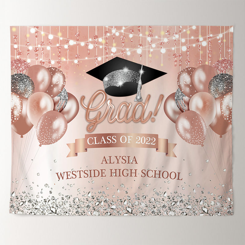 Lofaris Light Pink Ballons And Silver Diamond Grad Backdrop