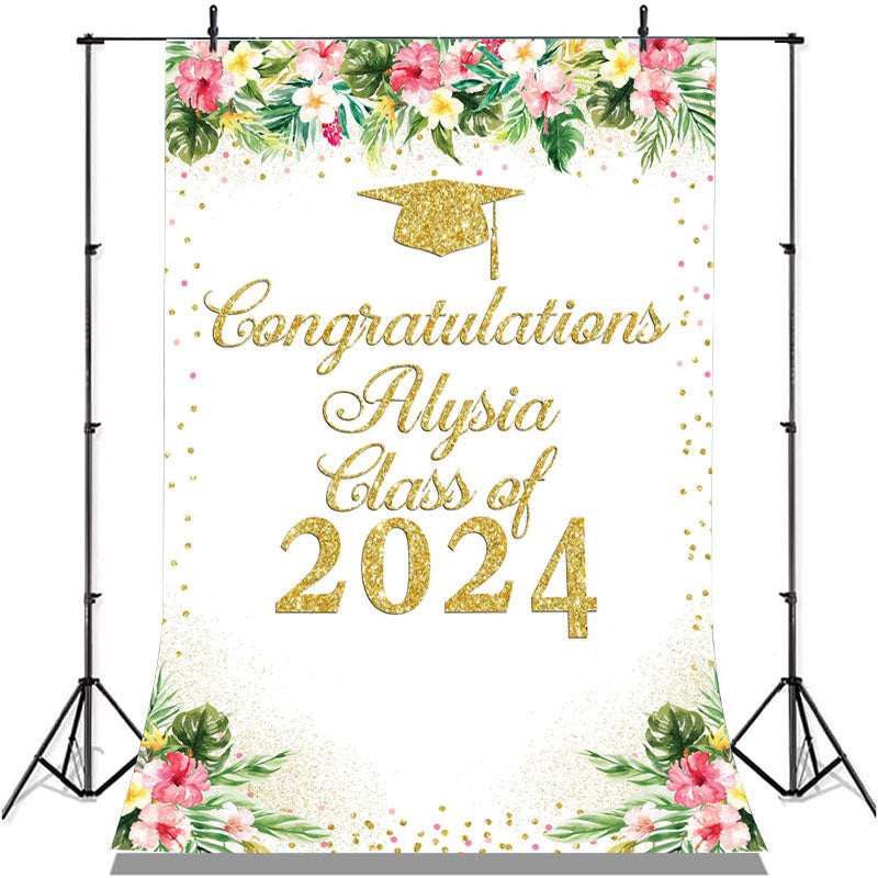 Lofaris Pink Floral And Leaves Gold Glitter Class Of 2022 Backdrop