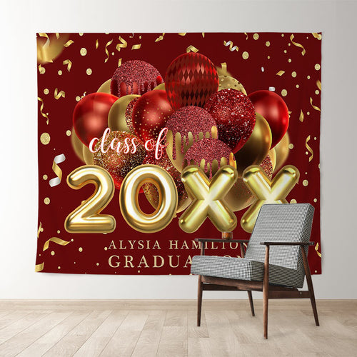 Lofaris Red Golden Ribbon Glitter Balloon Graduation Backdrop